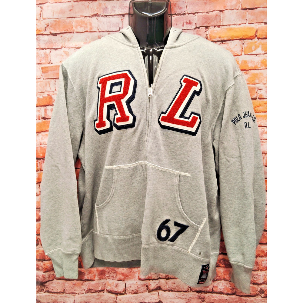 Ralph Lauren Hoodie Men's Gray Fleece Cotton Casual Long Sleeve Full Zip Outdoor